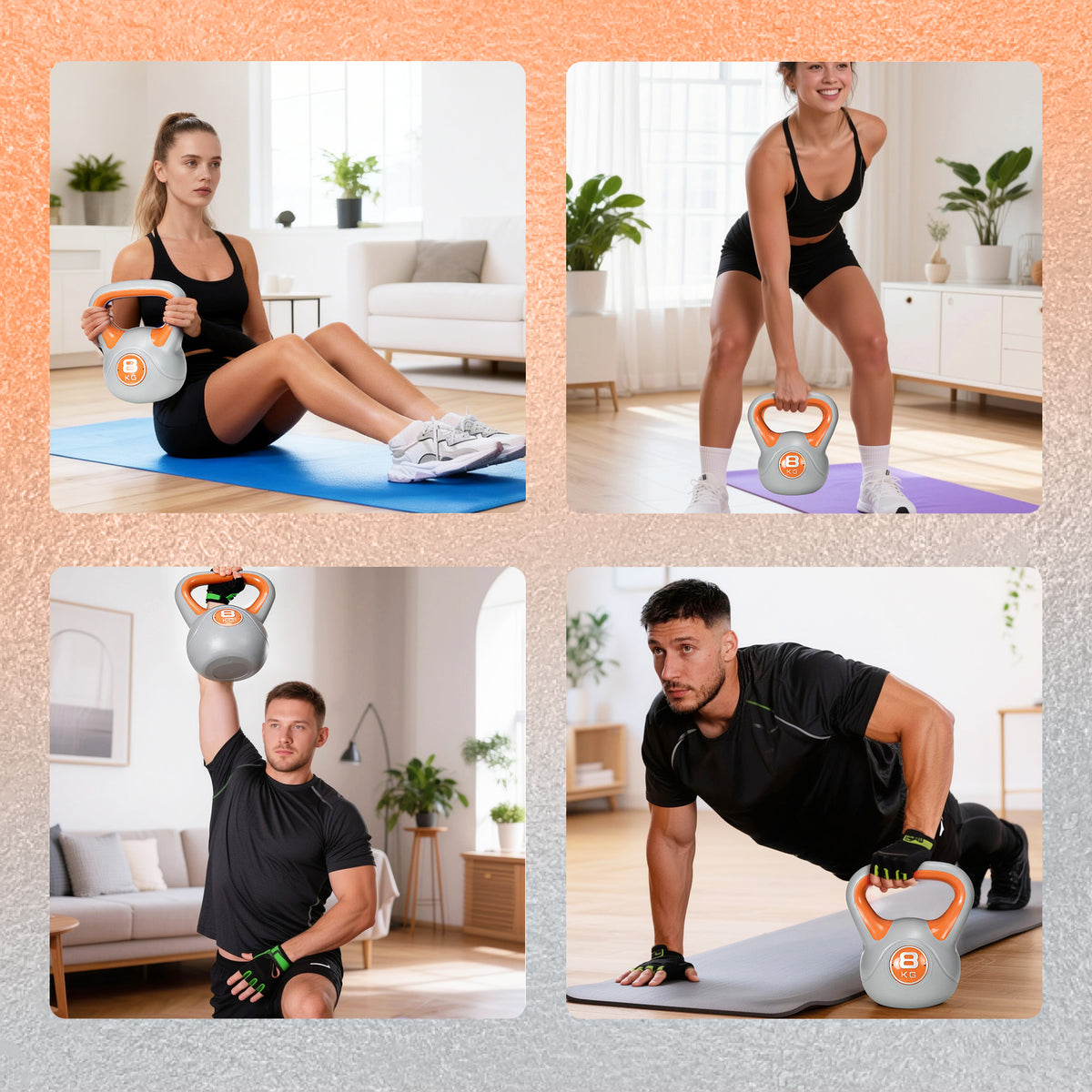 Kettlebell 8 kg, haltère avec poignée ergonomique, haltère à boule, musculation, entraînement, 20 x 14 x 24 cm, orange
