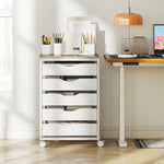 Cajonera de oficina móvil, mueble de almacenamiento con ruedas de madera con 5 cajones, tiradores integrados, 50 x 40 x 74,5 cm, blanco