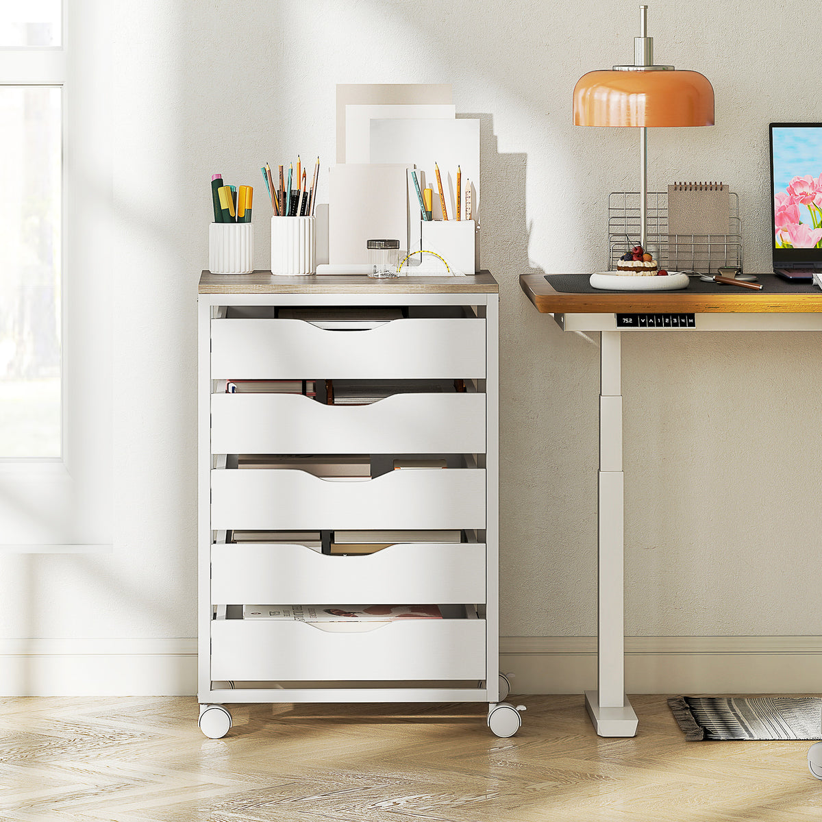 Cajonera de oficina móvil, mueble de almacenamiento con ruedas de madera con 5 cajones, tiradores integrados, 50 x 40 x 74,5 cm, blanco