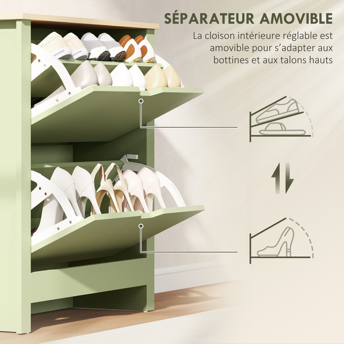 Meuble à chaussures 12 paires, armoire à chaussures étroite avec 2 tiroirs rabattables et étagères réglables, vert