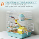Cage hamster, cage rongeur à 3 niveaux, avec roue d'exercice, tunnel de jeu, gamelle, cabane, 34,5 x 27,5 x 41 cm, bleu