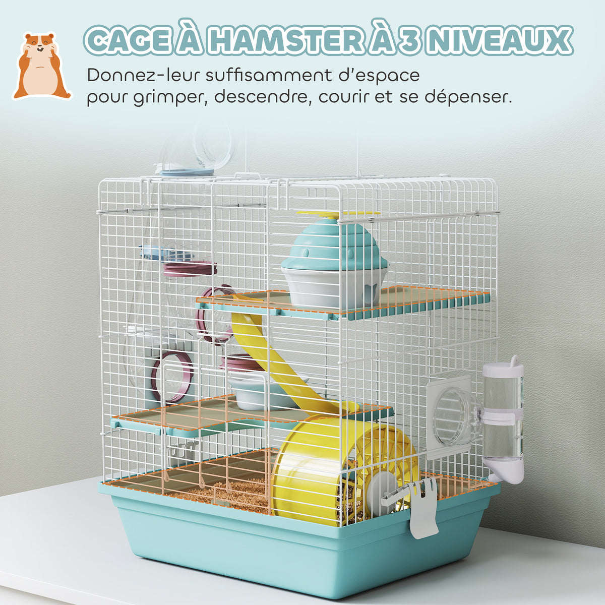 Cage hamster, cage rongeur à 3 niveaux, avec roue d'exercice, tunnel de jeu, gamelle, cabane, 34,5 x 27,5 x 41 cm, bleu