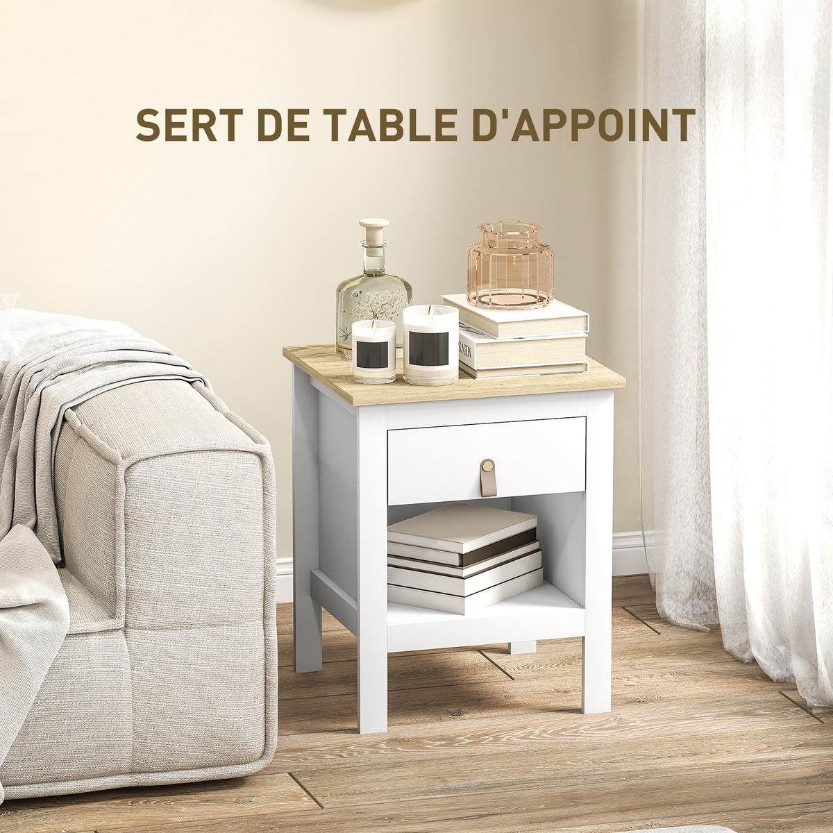 Lot de 2 tables de chevet avec tiroir et compartiment ouvert, 45 x 40 x 55 cm, blanc