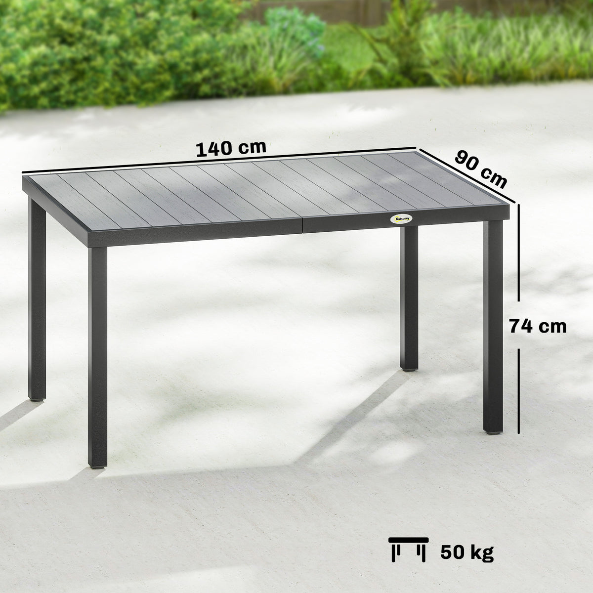 Table de jardin pour 4 à 6 personnes, table à manger extérieure avec plateau à lattes, 140 x 90 x 74 cm, gris