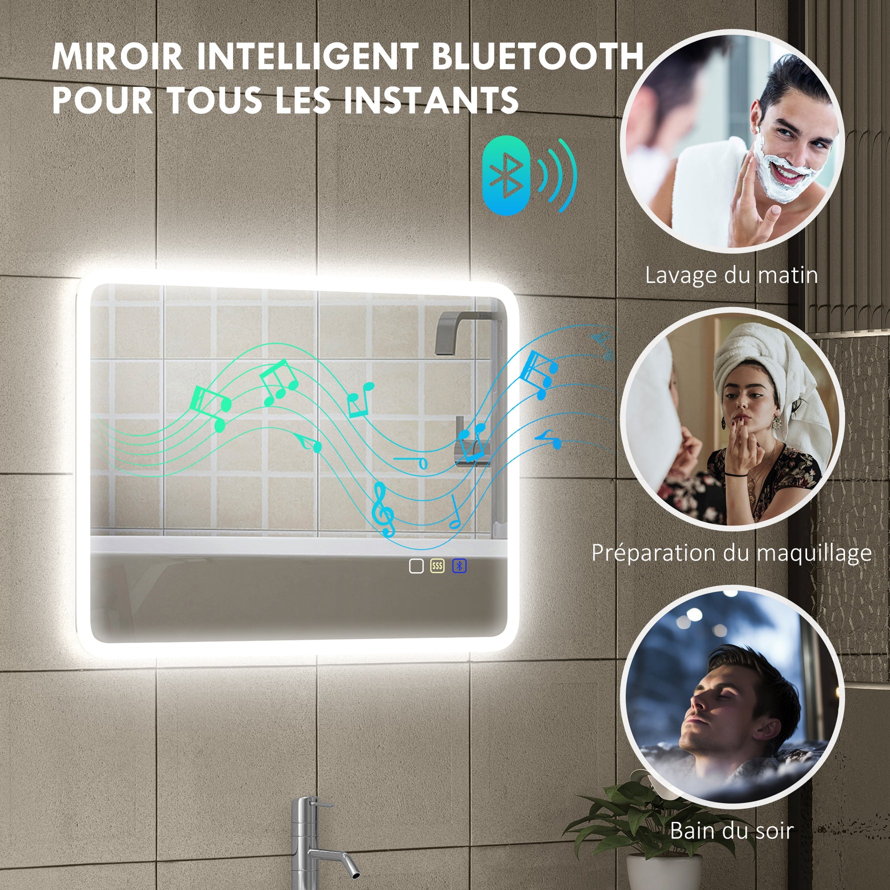Miroir salle de bain LED bluetooth 50 x 70 cm interrupteur tactile lumière réglable 3 couleurs anti-buée mémoire argent