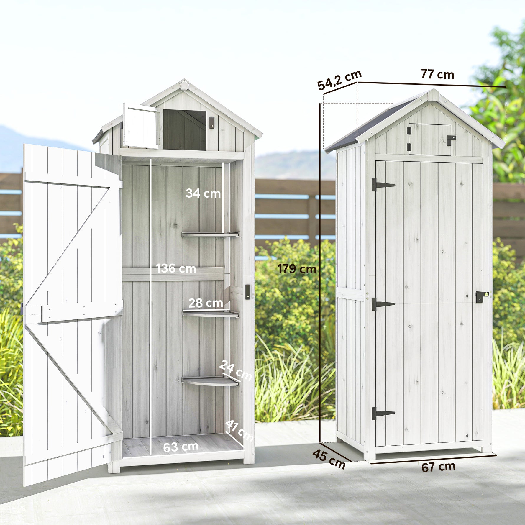 Armoire de Jardin Extérieur en Bois, Abri pour Outils, 3 Étagères, 2 Portes à Loquets, 77x54x179cm, Gris Clair