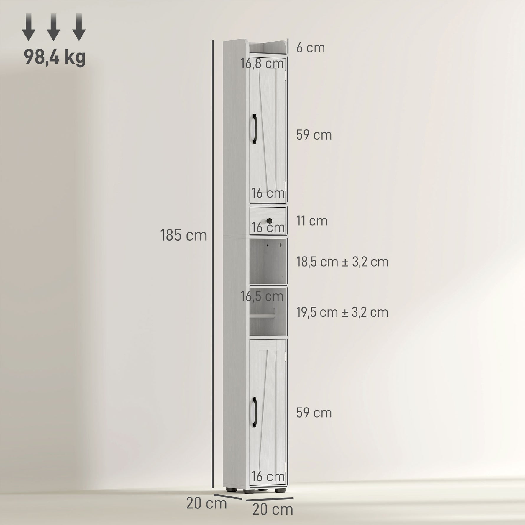 Armoire salle de bain haute, meuble de rangement colonne, 2 portes, tiroir, étagères réglables, 20x20x185cm, blanc