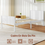 Cadre de lit 90 x 200 cm, lit simple en bois massif avec sommier à lattes tête et pied inclus, assemblage facile, blanc