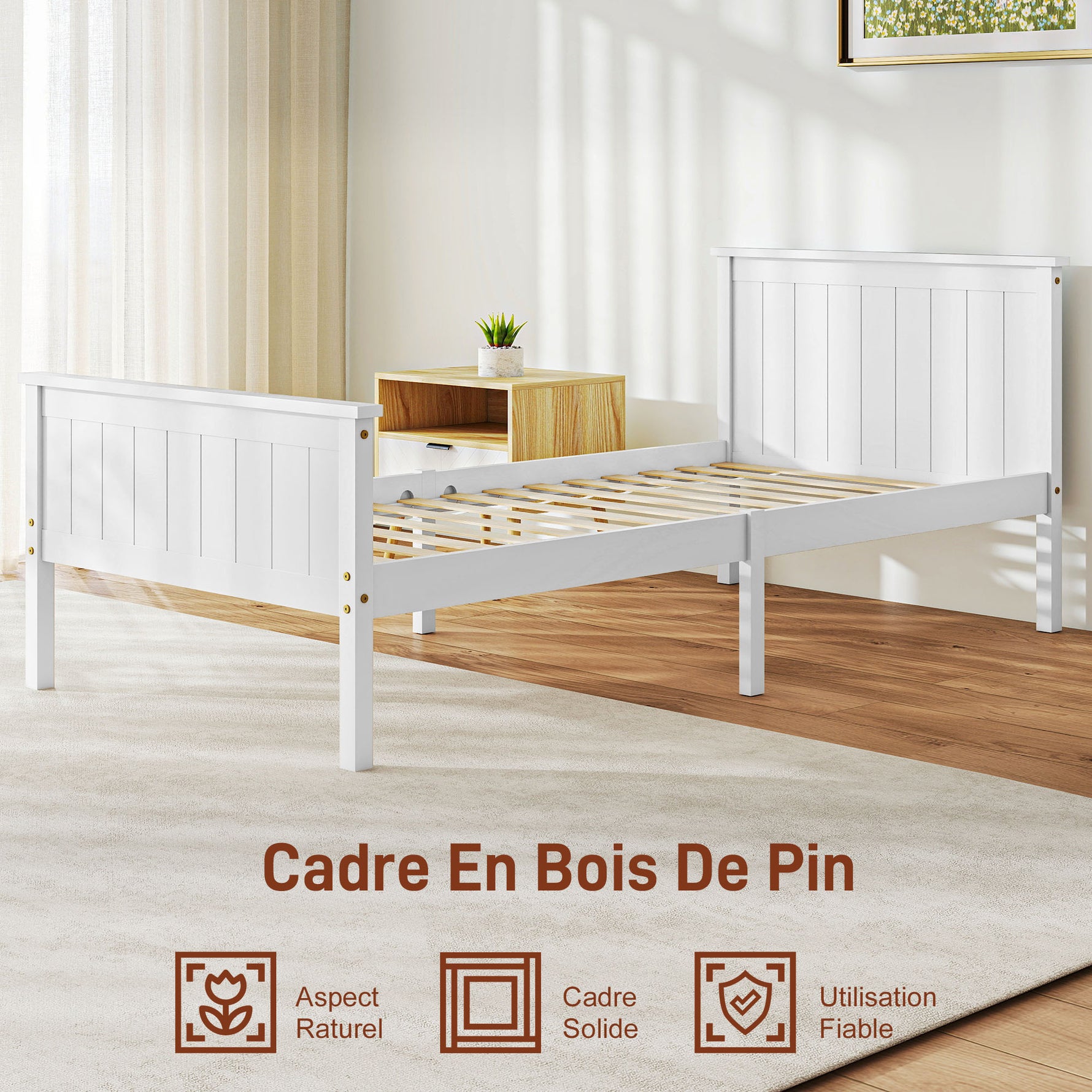Cadre de lit 90 x 200 cm, lit simple en bois massif avec sommier à lattes tête et pied inclus, assemblage facile, blanc