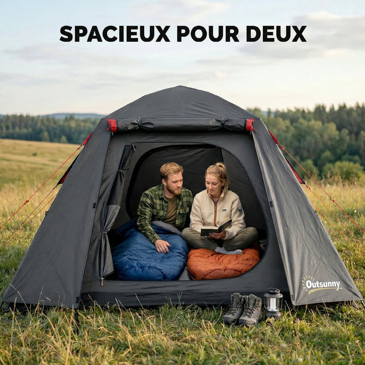 Tenda da Campeggio a Cupola 2 Persone 3-4 Stagioni Impermeabile 3000mm Montaggio Facile 2 Porte 210x210x150cm Grigio Scuro