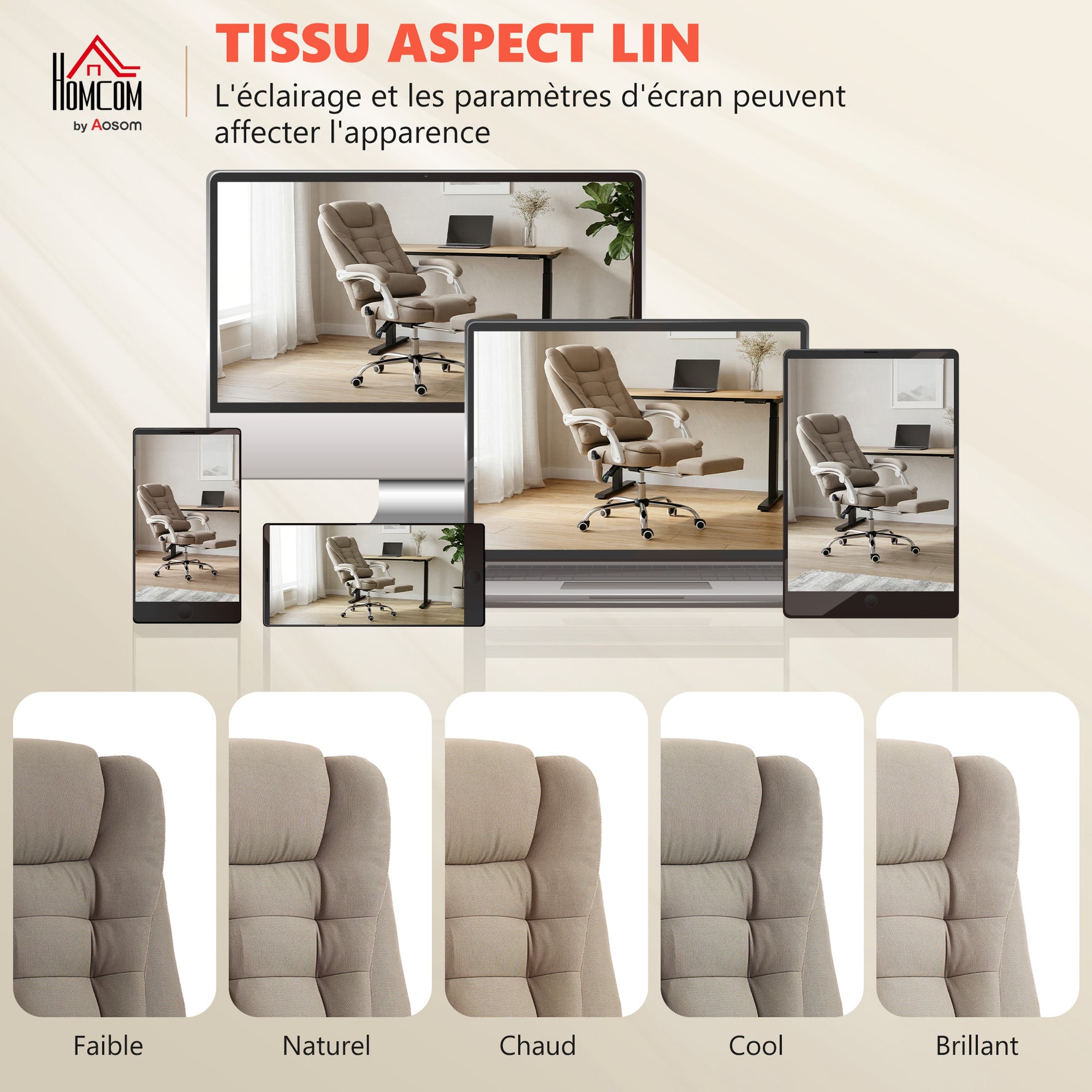 Fauteuil de bureau direction massant chauffant hauteur réglable dossier inclinable toile de lin beige
