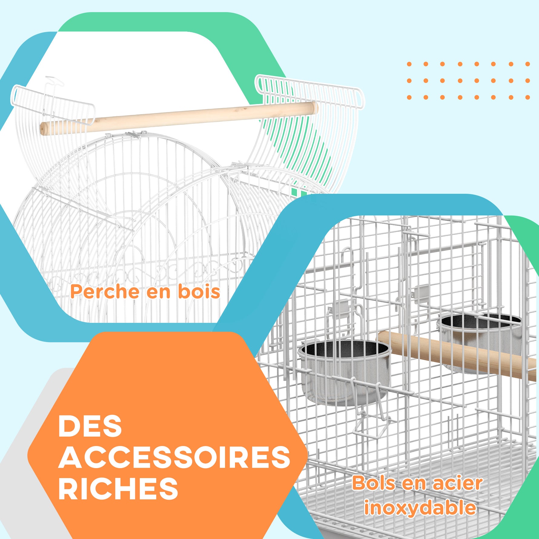 Cage à oiseaux sur roulettes avec étagère plateau amovible 2 bols perchoir acier inoxydable 51 x 51 x 153 cm blanc
