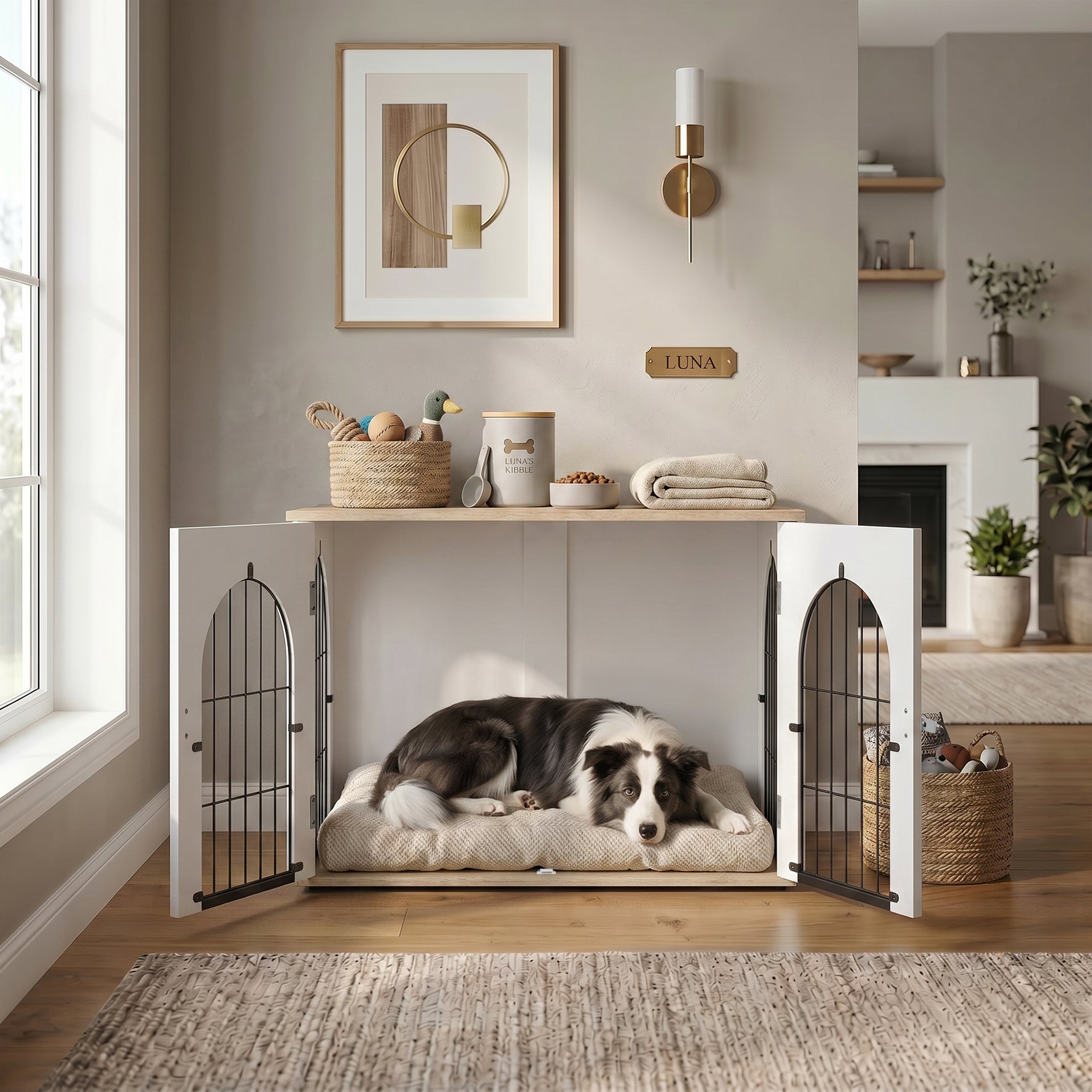 Cage pour Chien Meuble Cage Chien Intérieur Arche avec Double Porte comme Table d'Appoint en Métal 80x56x59cm Blanc