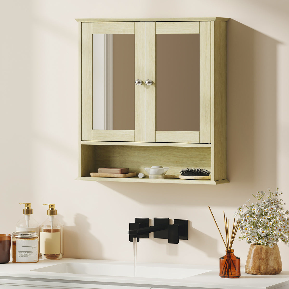 Armoire murale salle de bain avec miroir, 56 x 13 x 58 cm, meuble salle de bain avec Portes Miroir Doubles Bois Naturel