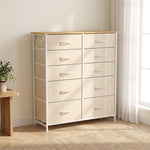 Cassettiera a 10 cassetti in tessuto, mobile contenitore con 4 tasche, 2 ganci, struttura in acciaio, 80 x 30 x 94,5 cm, beige