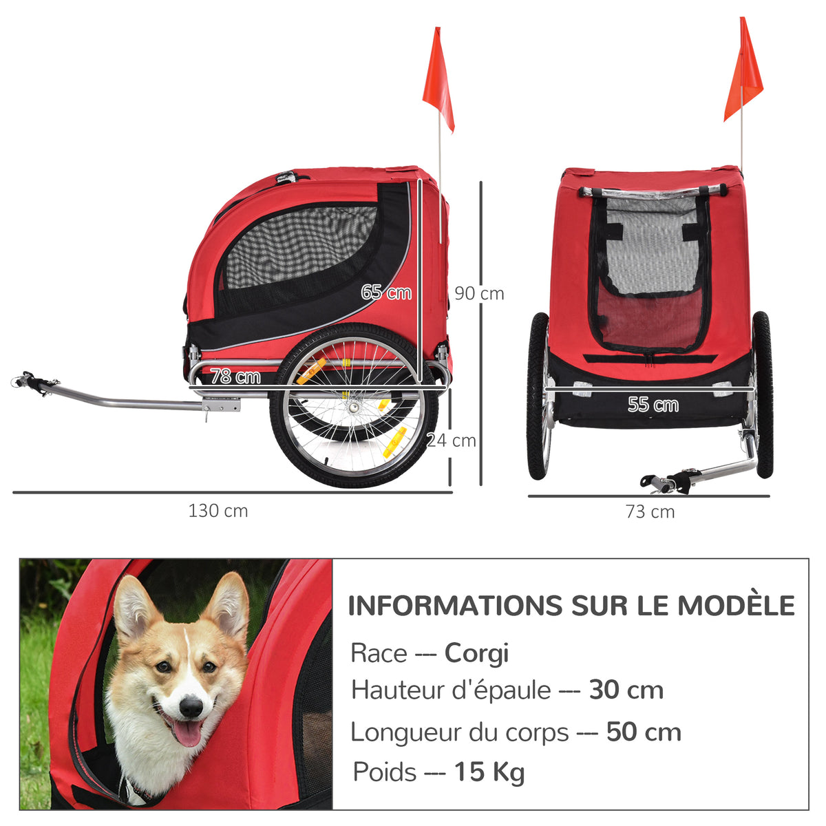 Remolque de bicicleta para perros y mascotas con 8 reflectores y bandera roja, negro