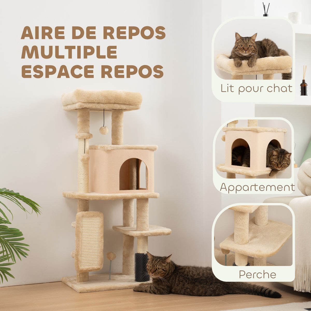 Arbre à Chat, Tour de Jeux, Hauteur de 104 cm, avec Lit, Maison, Brosse de Toilettage, 44l x 34P x 104H cm, Beige