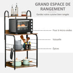 Étagère de cuisine, étagère micro-onde 3 étagères plateau crochets châssis acier 60 x 40 x 125 cm effet bois d'acajou