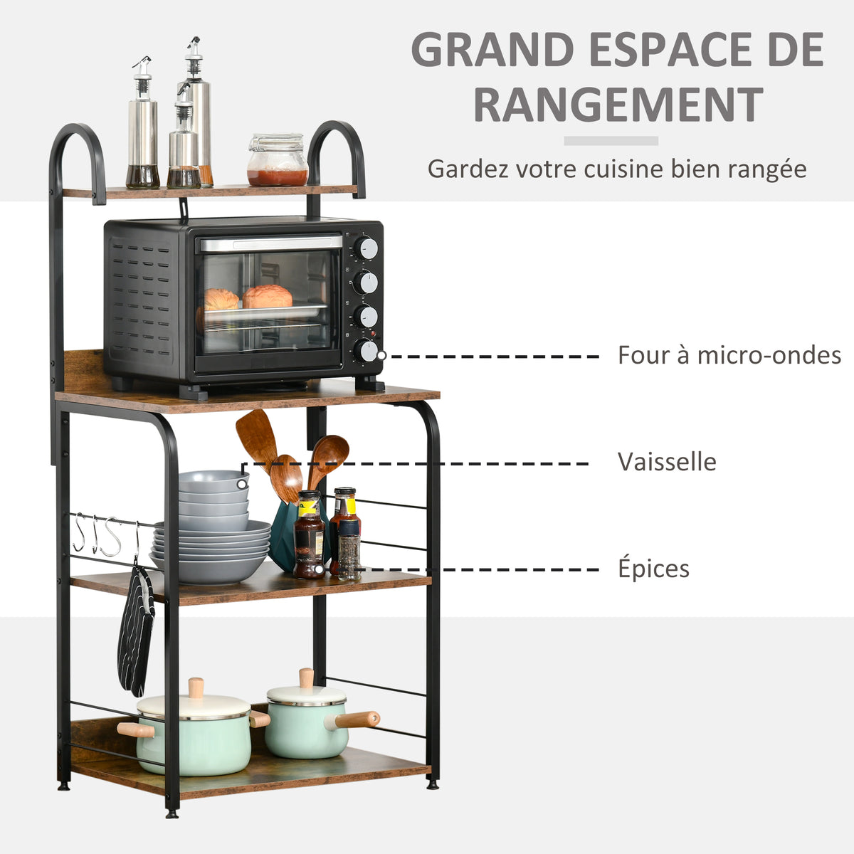 Étagère de cuisine, étagère micro-onde 3 étagères plateau crochets châssis acier 60 x 40 x 125 cm effet bois d'acajou