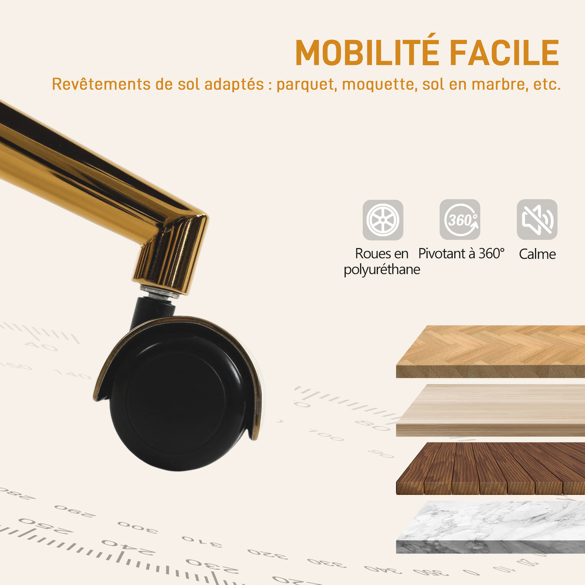 Chaise de bureau, fauteuil de bureau ergonomique réglable en hauteur, siège pivotante, piètement en acier, crème