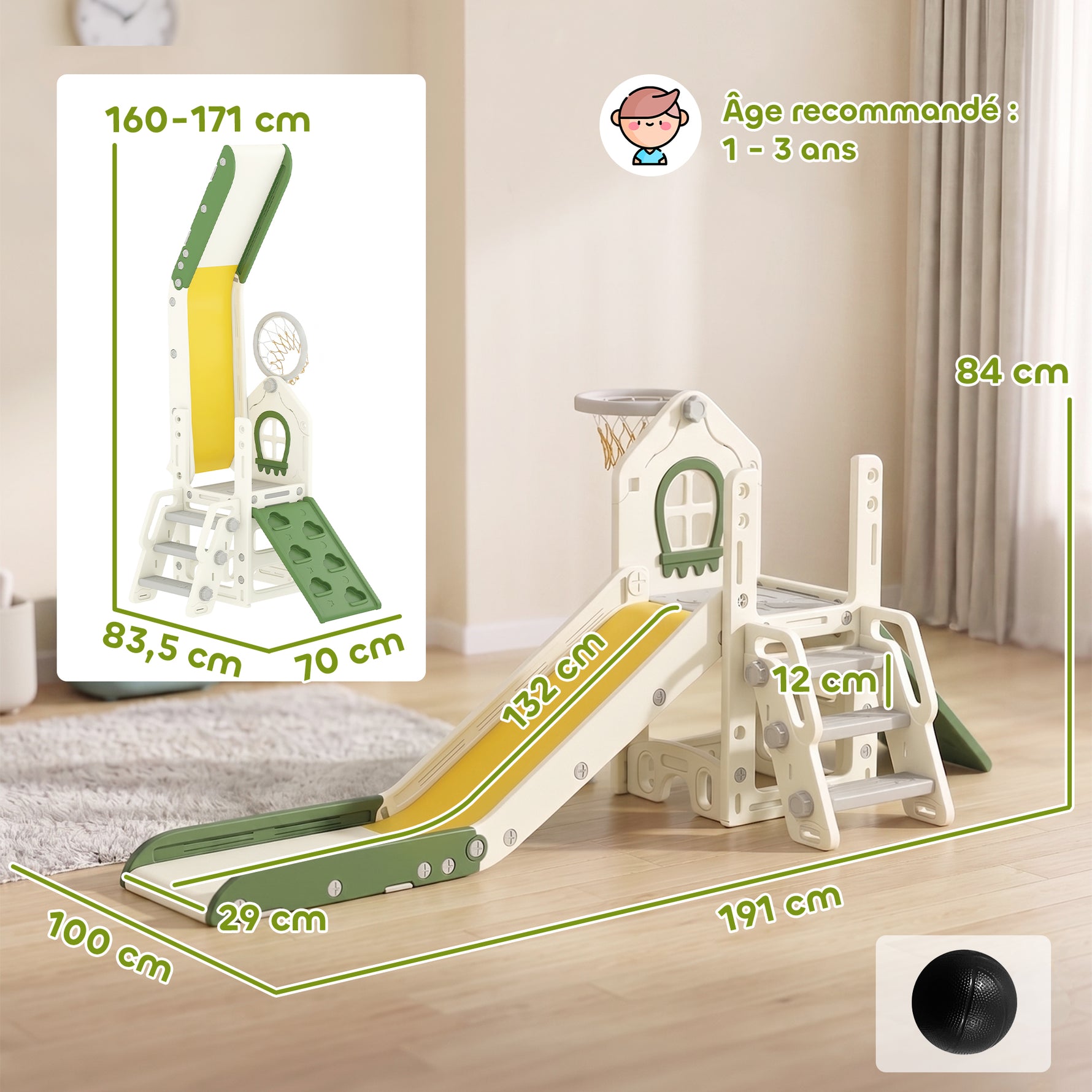 Toboggan pour Enfant Pliable 5-en-1 avec Escalade, Panier de Basket, Espace de Rangement et Ballon, Crème