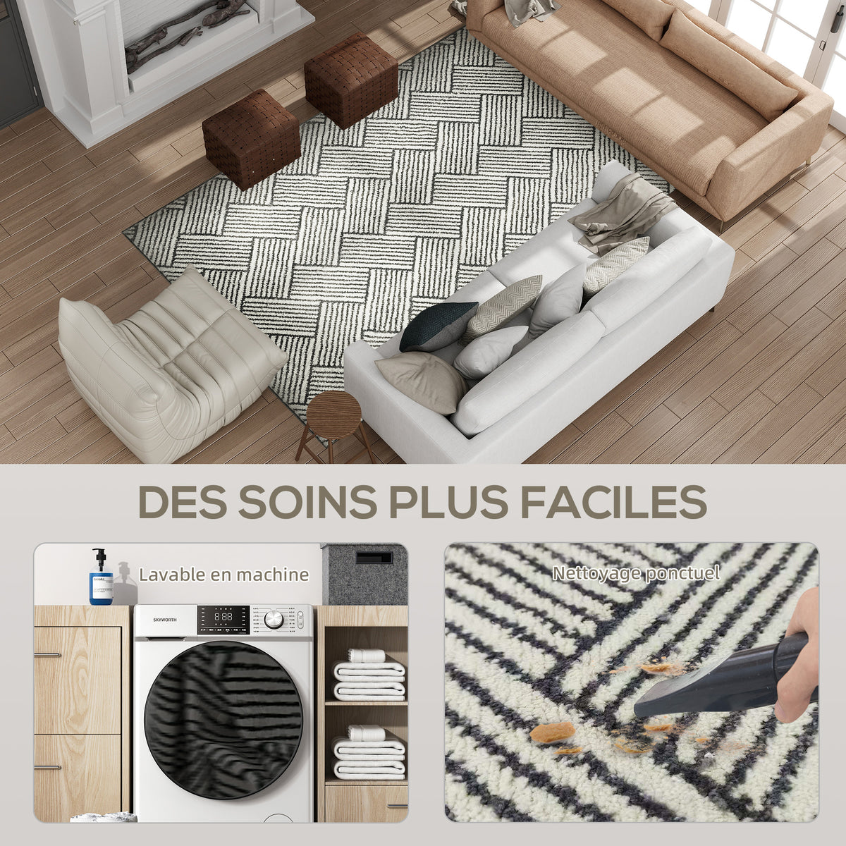Tapis salon 200 x 140 cm poils courts lavable en machine hypoallergénique pour salon, chambre à coucher, bureau, gris