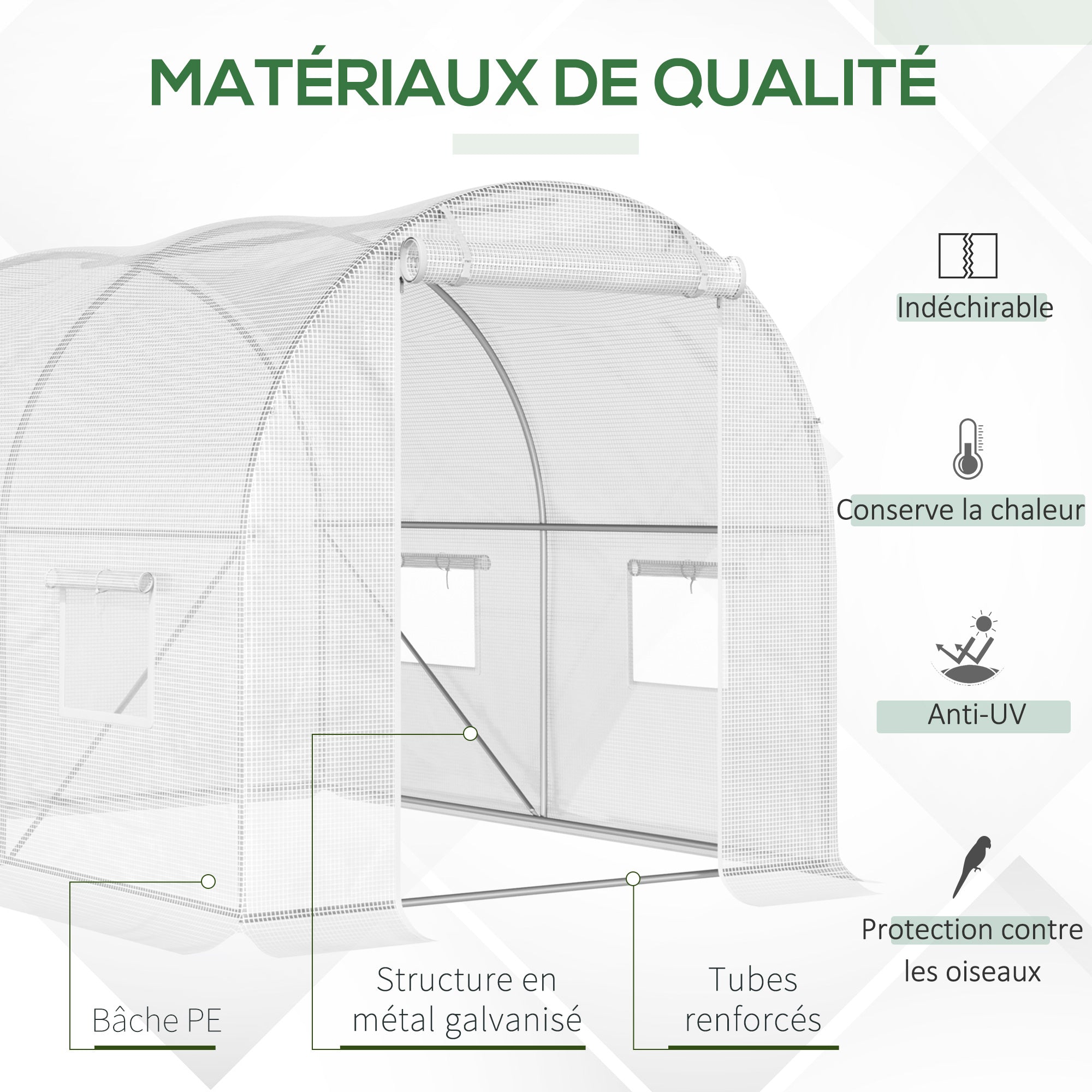 Serre de Jardin Tunnel 6 m² 3L x 2l x 1,9H m Acier galvanisé renforcé diamètre 2,4 cm + PE Haute densité fenêtres Porte Blanc