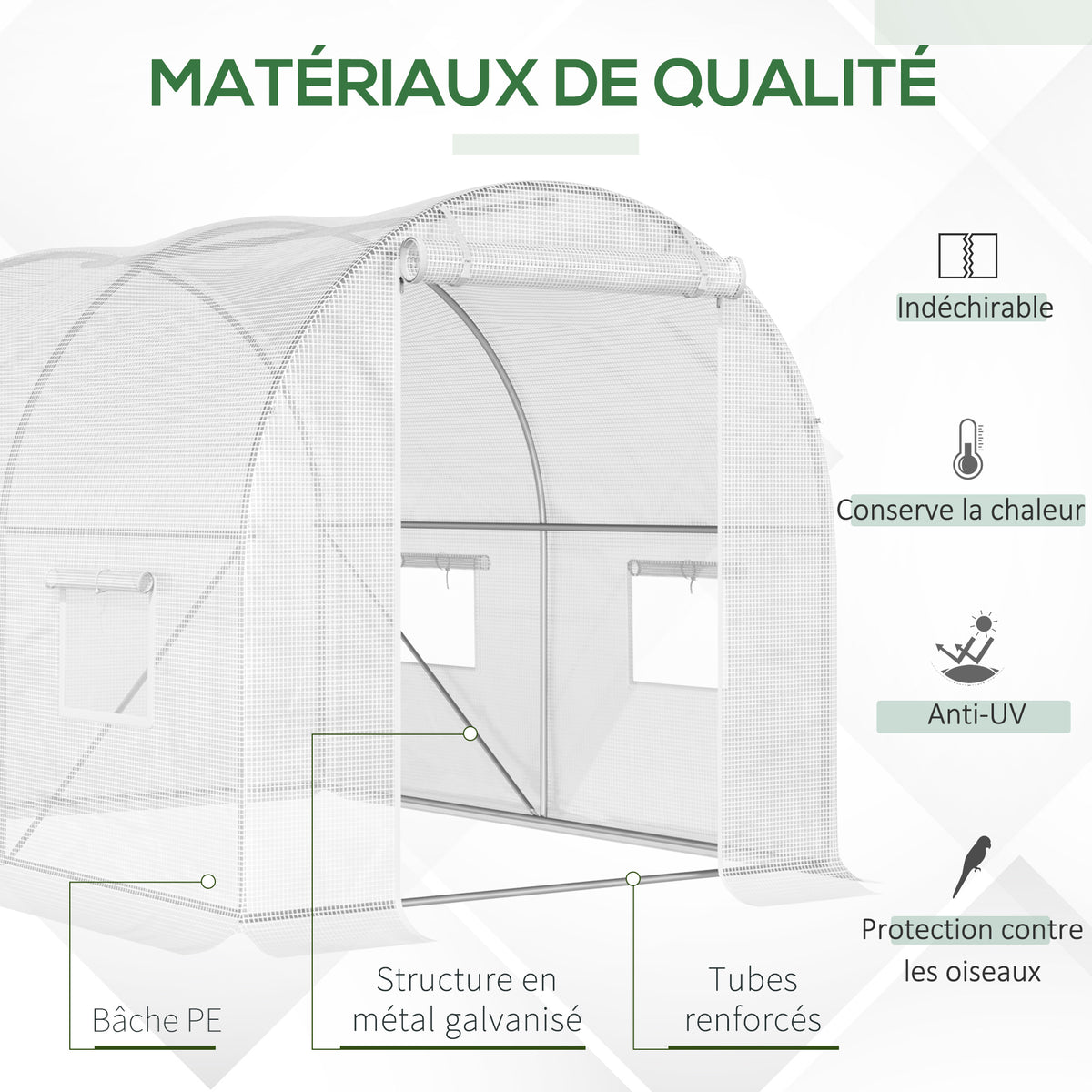 Serra da giardino a tunnel 6 m² 3L x 2P x 1,9A m Acciaio galvanizzato rinforzato diametro 2,4 cm + PE alta densità finestre Porta Bianco