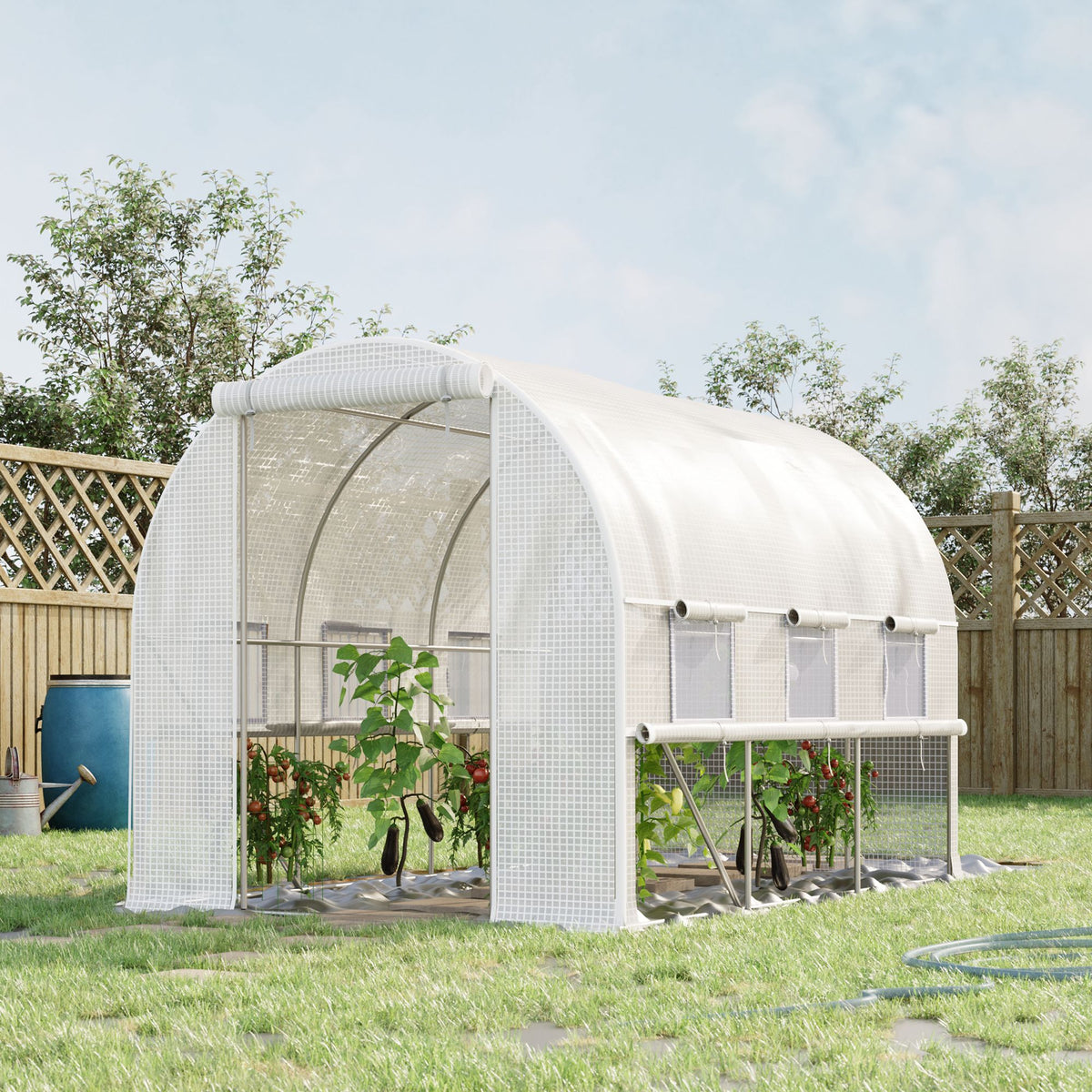 Serre de jardin tunnel serre tunnel 6 m² avec 6 fenêtres porte enroulable toile PE structure en acier galvanisé blanc