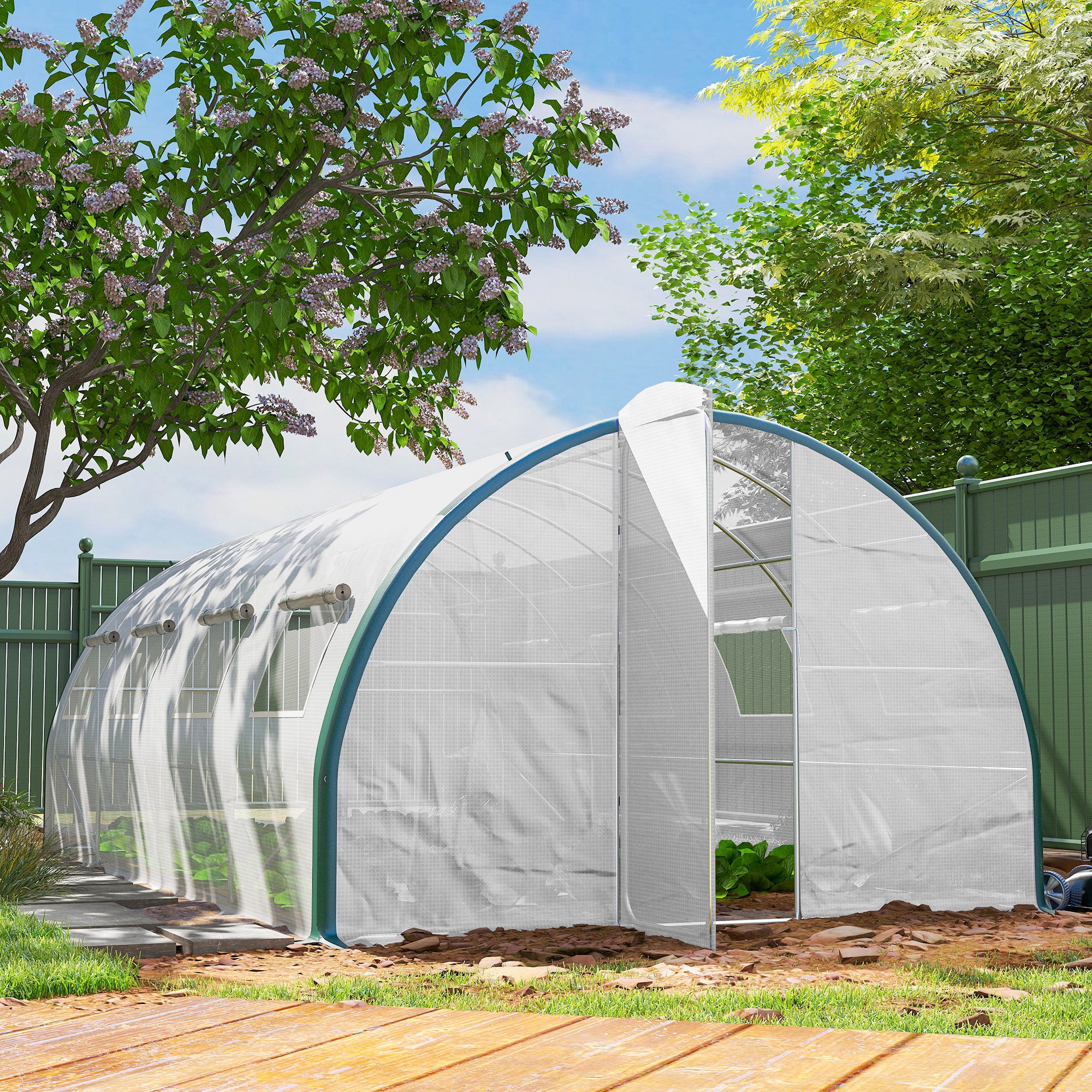 Serra a tunnel da giardino 18m², serra a tunnel con porte e 8 finestre, telo in PE 140g/m² 600 x 300 x 200 cm bianco