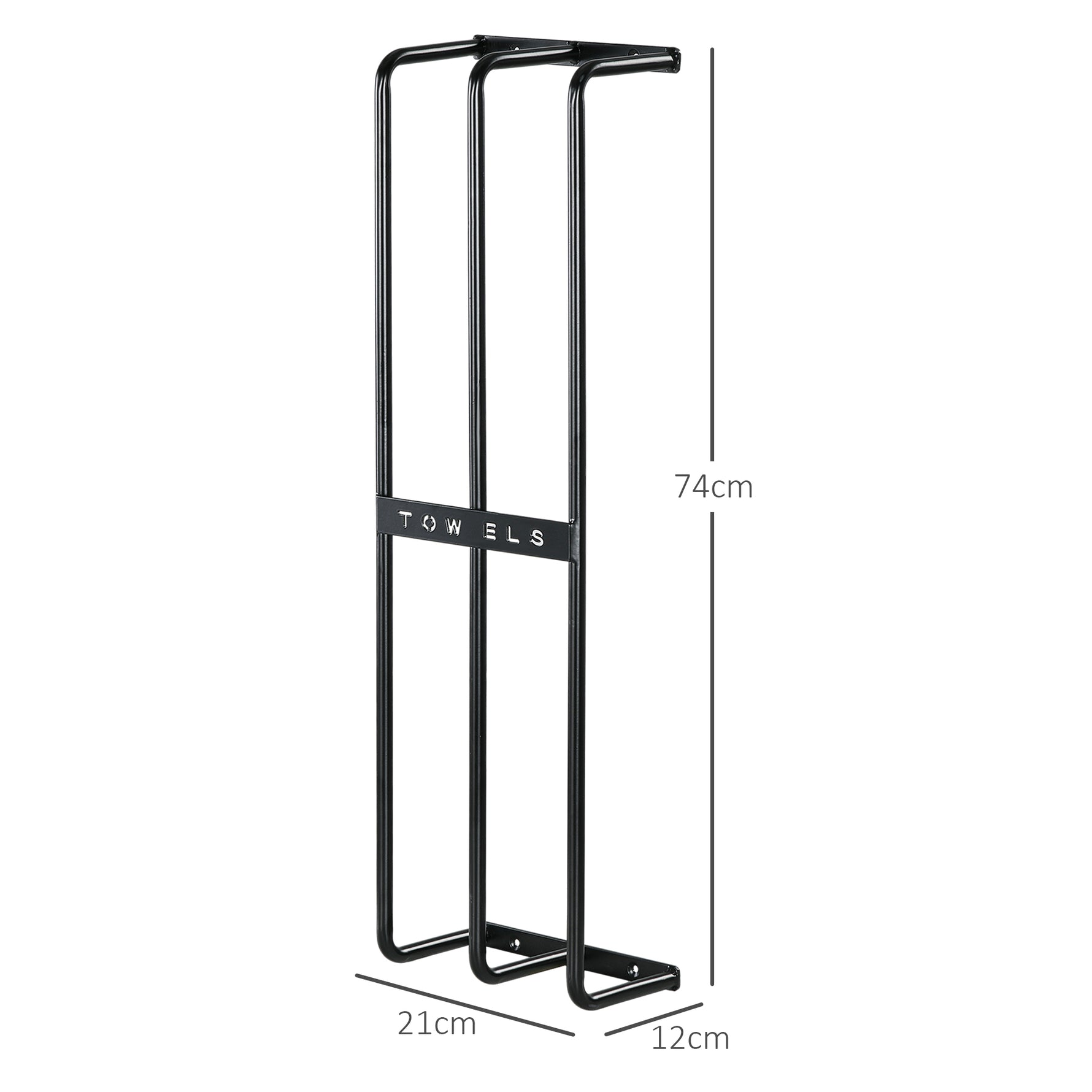 Porte serviettes mural 3 barres en métal noir - peut contenir jusqu'à 6 serviettes, dim. 21l x 12P x 74H cm