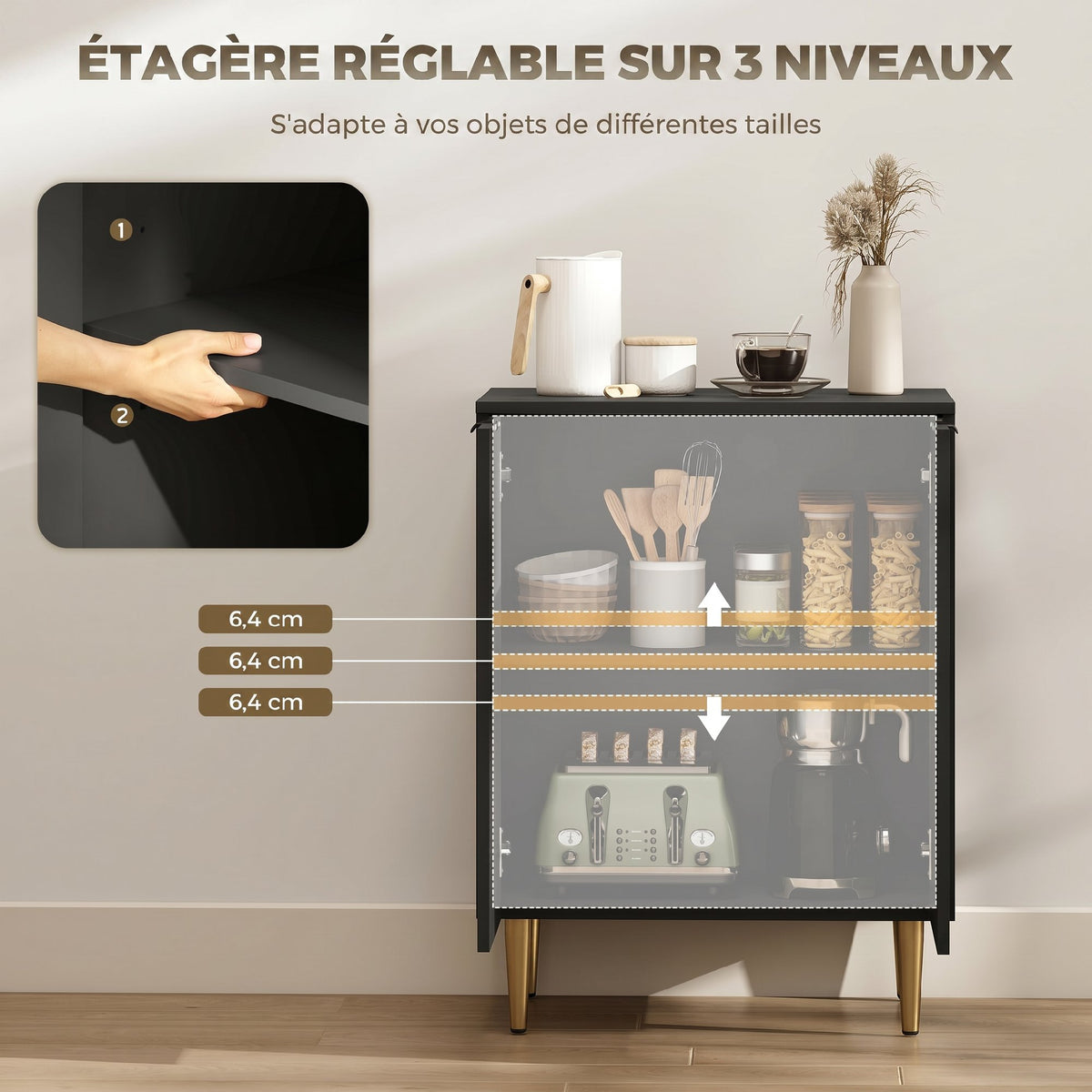 Buffet Cuisine, Meuble de Rangement avec 2 Portes, Étagère Réglable, Pieds Métalliques Surélevés, 60 x 40 x 80 cm, Noir