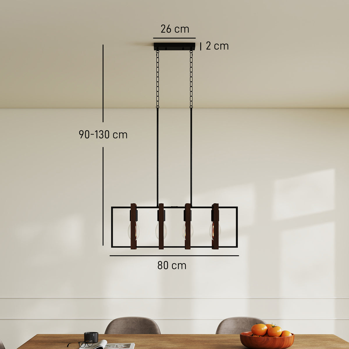 Suspension luminaire moderne, lustre plafonnier avec 4 cadres rotatifs et hauteur réglable, 80 x 21 x 90-130 cm, noyer