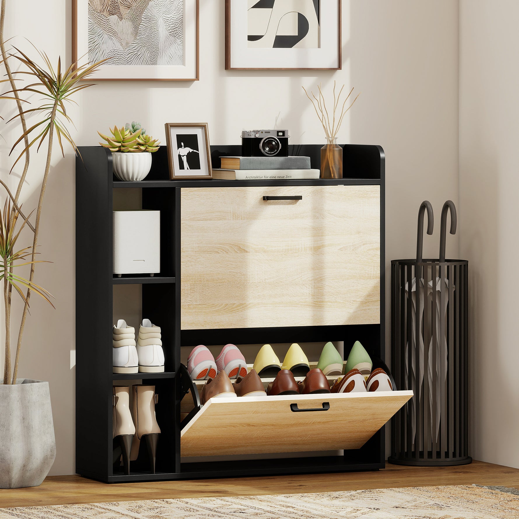 Meuble à chaussures 15 paires, armoire à chaussures moderne avec 2 tiroirs rabattables, 83x24x90,5cm, noir