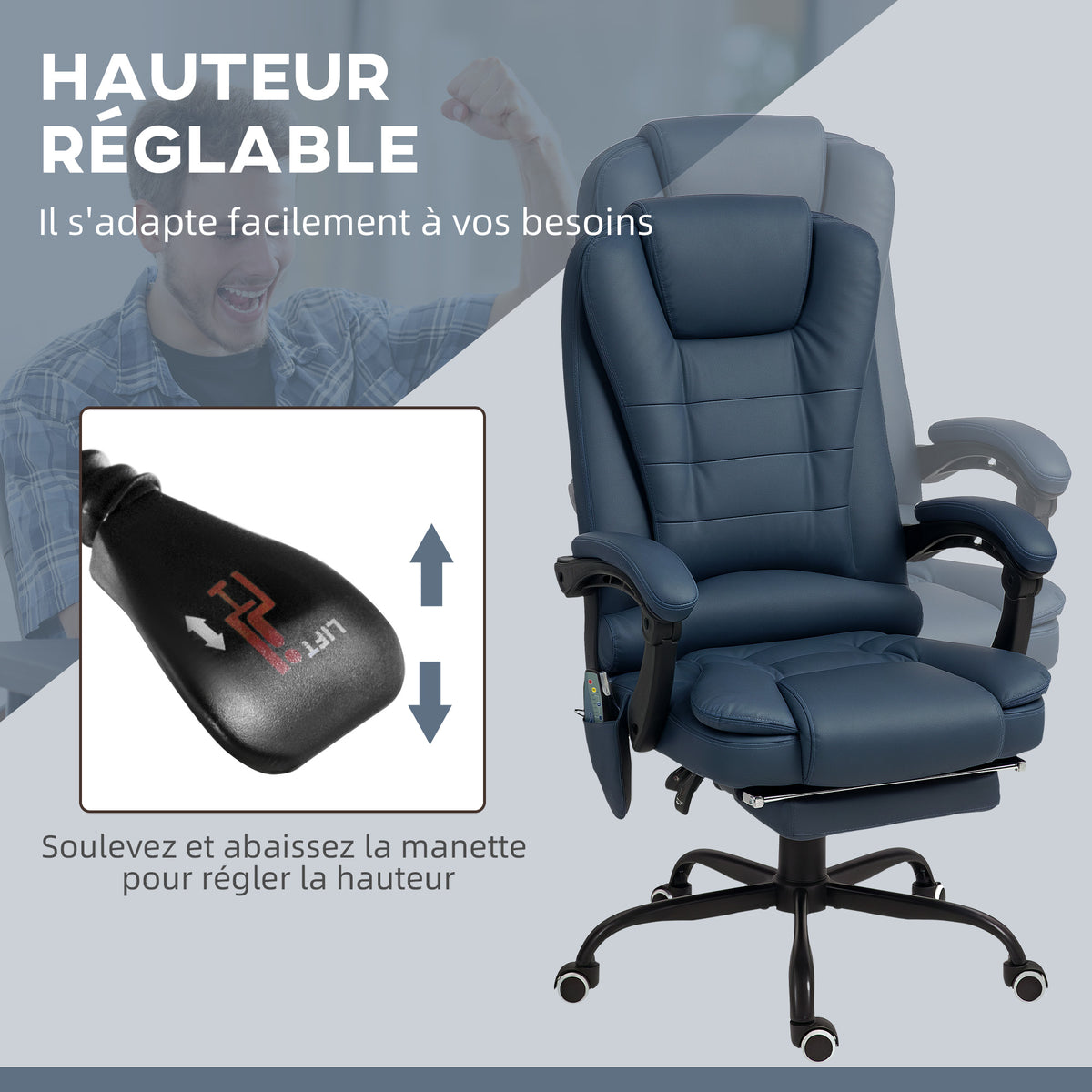 Fauteuil de bureau massant, chaise de bureau avec hauteur réglable, dossier inclinable et télécommande filaire, bleu
