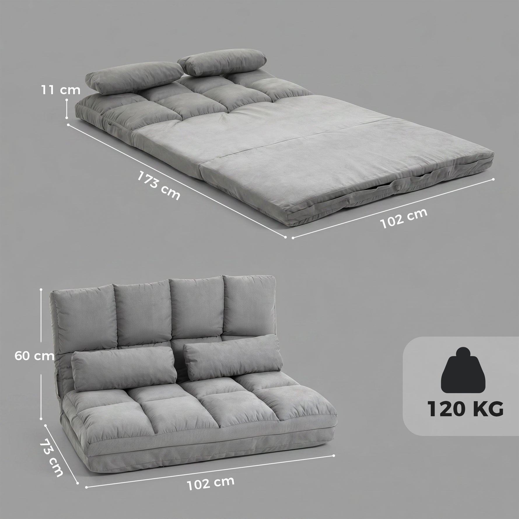 Chauffeuse 2 places canapé-lit convertible fauteuil de sol pliable dossier réglable 2 coussins inclus en polyester aspect suédé, pour salon, chambre et bureau, gris