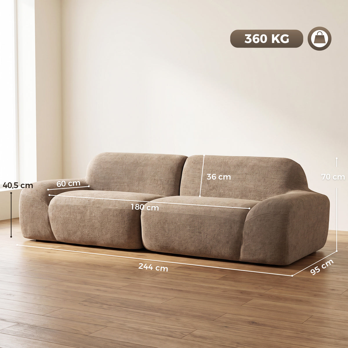 Canapé 3 Places en Chenille 244 cm, Canapé Salon Moderne, Assise et Accoudoirs Larges, Ressorts Ensachés, Marron Clair