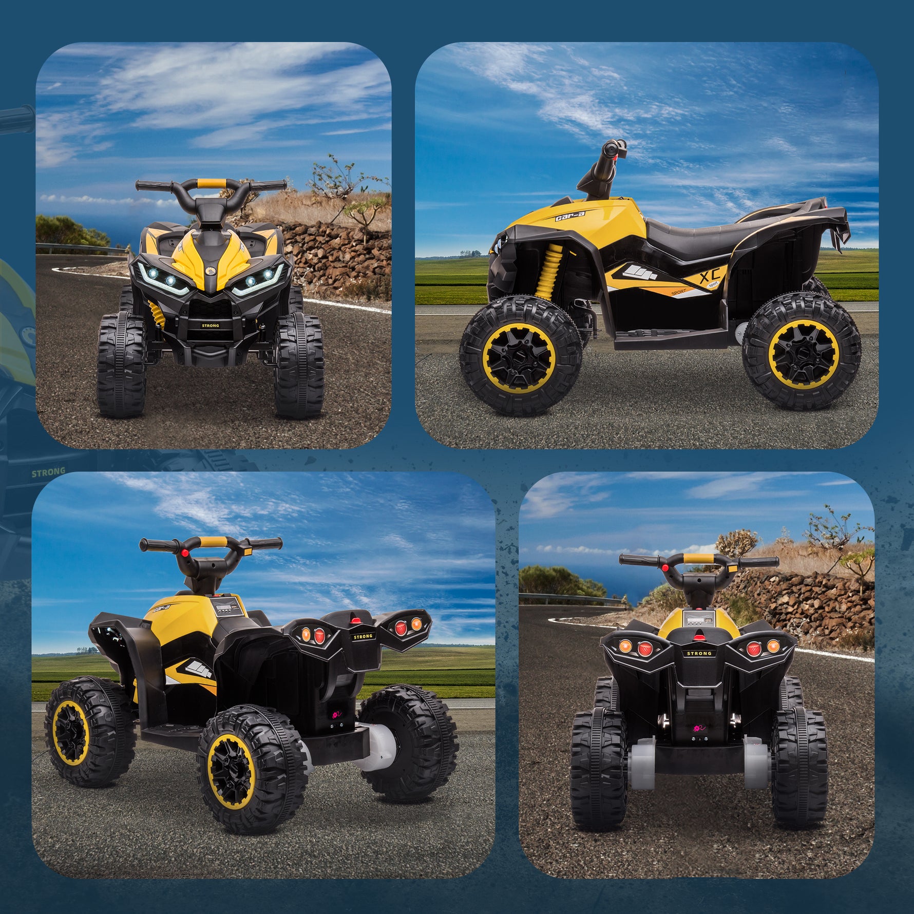 Quad électrique enfant 12 V, voiture électrique enfants 2 moteurs 2 vitesses 3-6 km/h, phares LED, klaxon, pour enfant de 3 à 5 ans, poignée et selle ergonomique, jaune