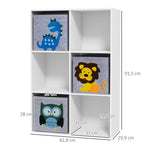 Meuble étagère bibliothèque 6 cases 3 cubes paniers en tissu motif animaux pour chambre enfant 62 x 30 x 91,5 cm blanc