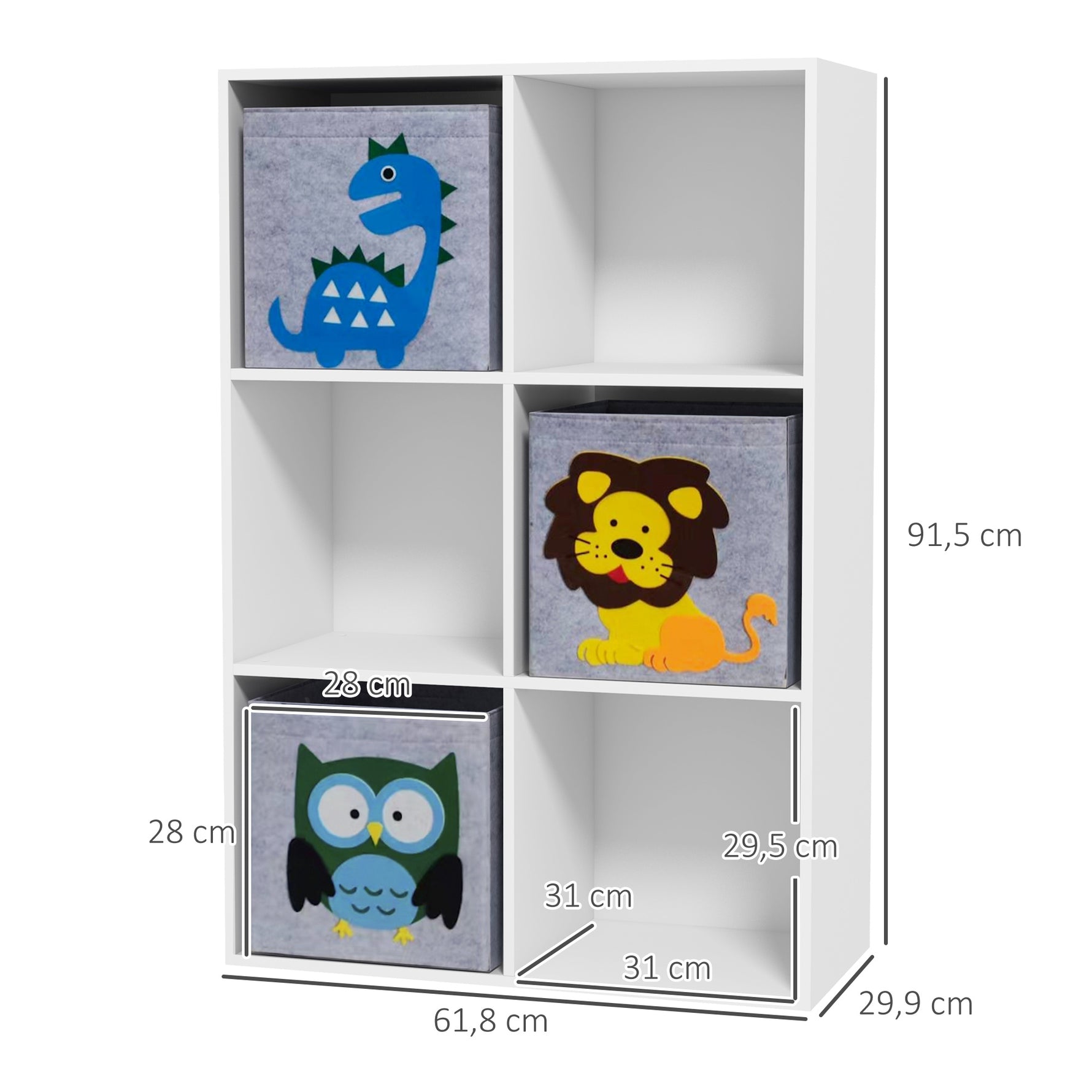 Meuble étagère bibliothèque 6 cases 3 cubes paniers en tissu motif animaux pour chambre enfant 62 x 30 x 91,5 cm blanc