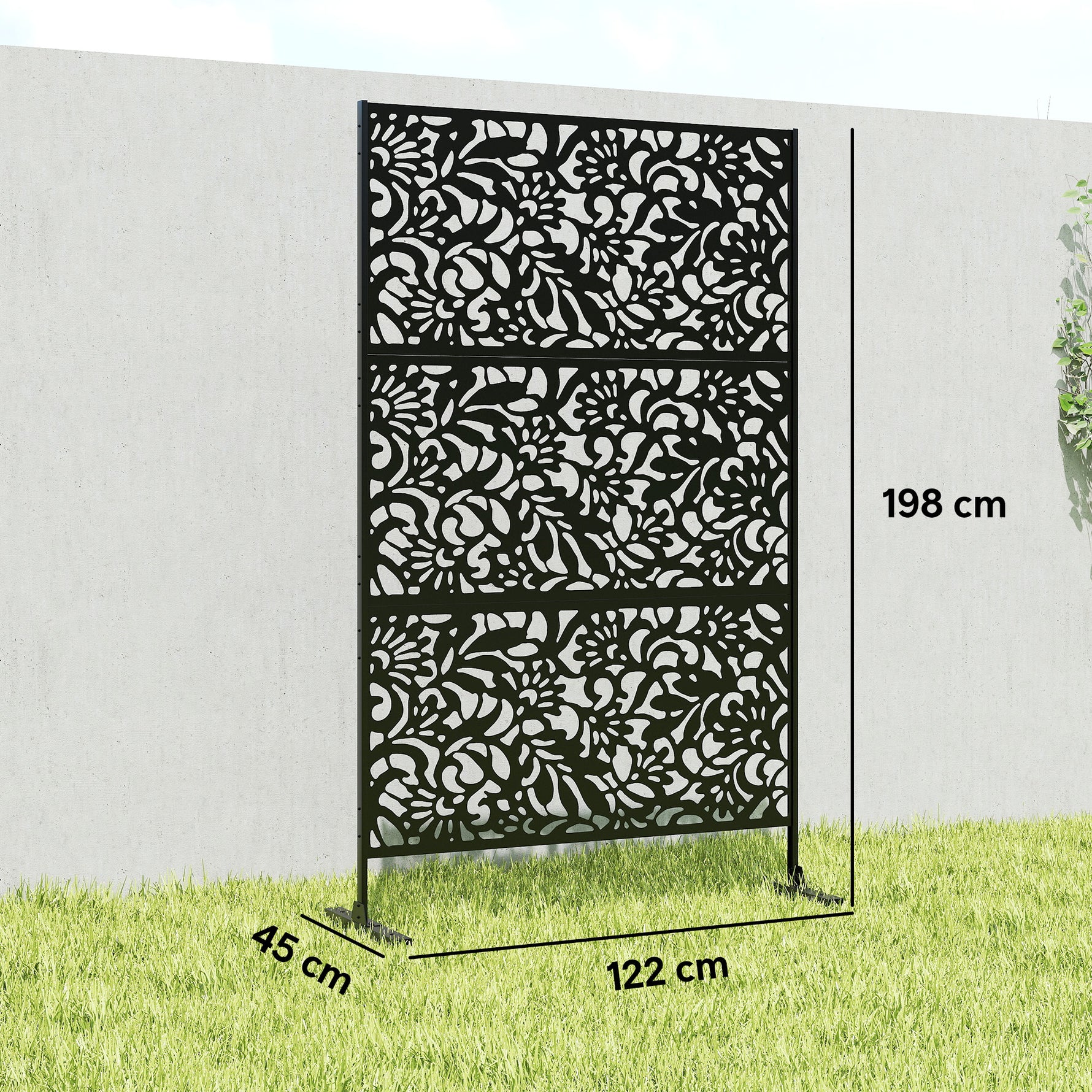 Panneau Brise Vue décoratif Extérieur Claustra Décoratif Jardin 3 Panneaux à motif floral Acier 122 x 45 x 198 cm Noir