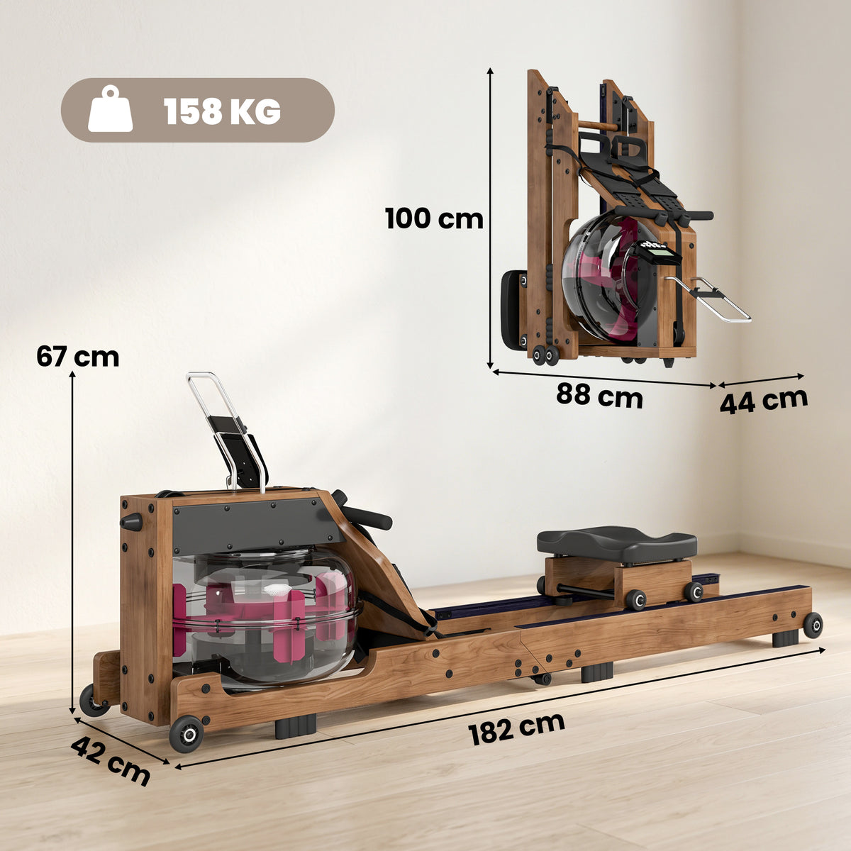 Rameur à Eau Rameur Appartement Pliable Double Rail Aluminium Capacité 158kg Connexion Bluetooth 182x42x67cm Chêne-2