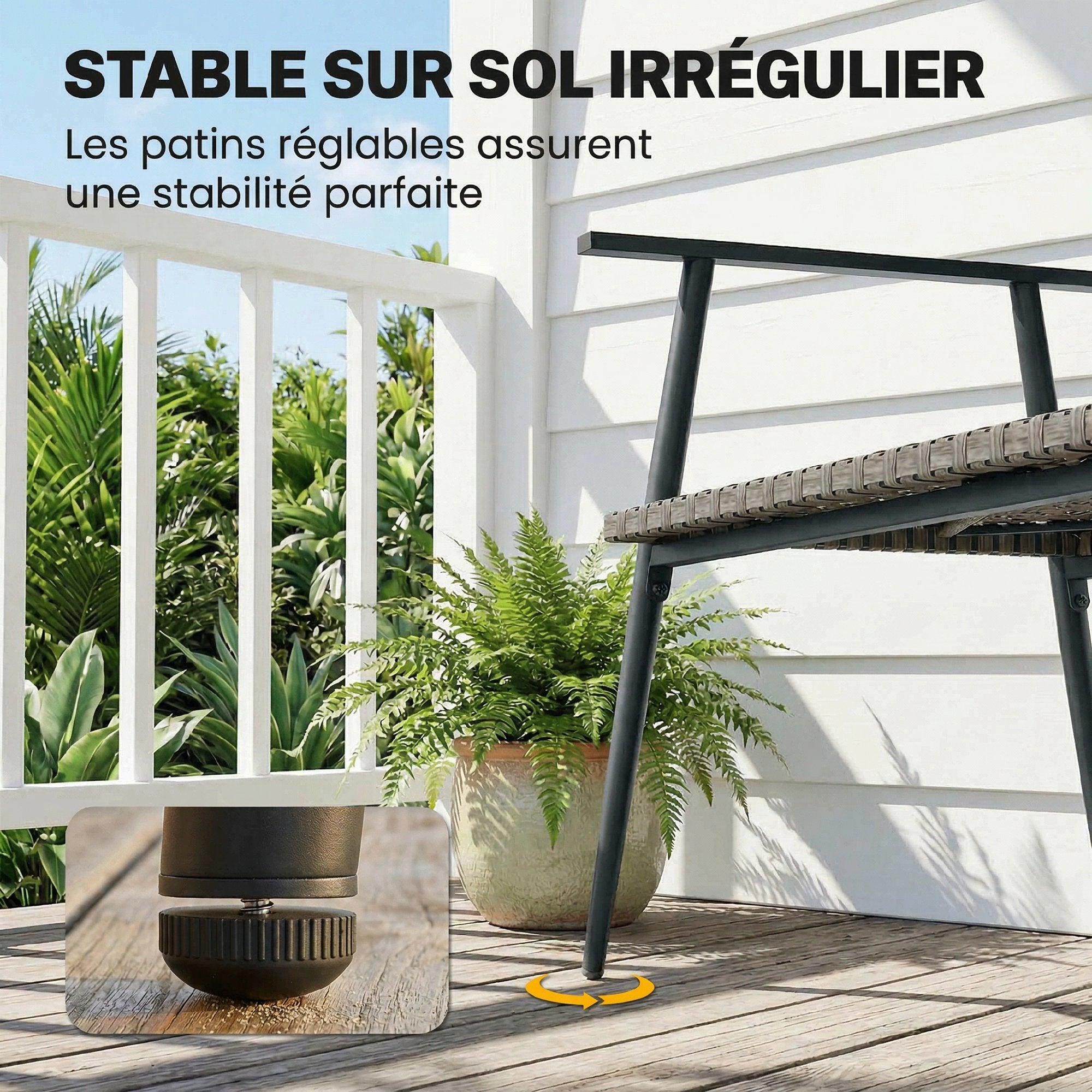 Banc de Jardin 2 places en Résine Tressée et Acier, avec Accoudoirs, Dossiers et Pieds Réglables, 110x58x78cm, Gris