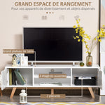 Meuble TV Banc TV sur Pied Moderne Scandinave 2 Portes 2 niches en Bois Blanc 150L x 39l x 50H cm