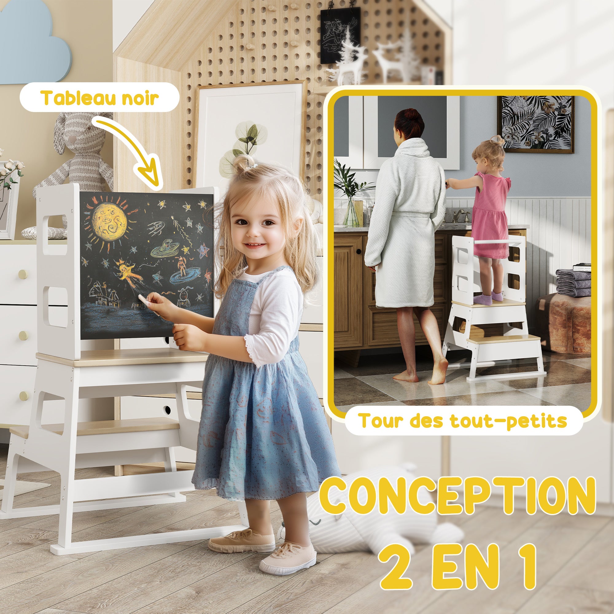 Tour d'observation enfant tour d'apprentissage structure trapézoïdale tableau noir 55 x 52,5 x 87,5 cm blanc