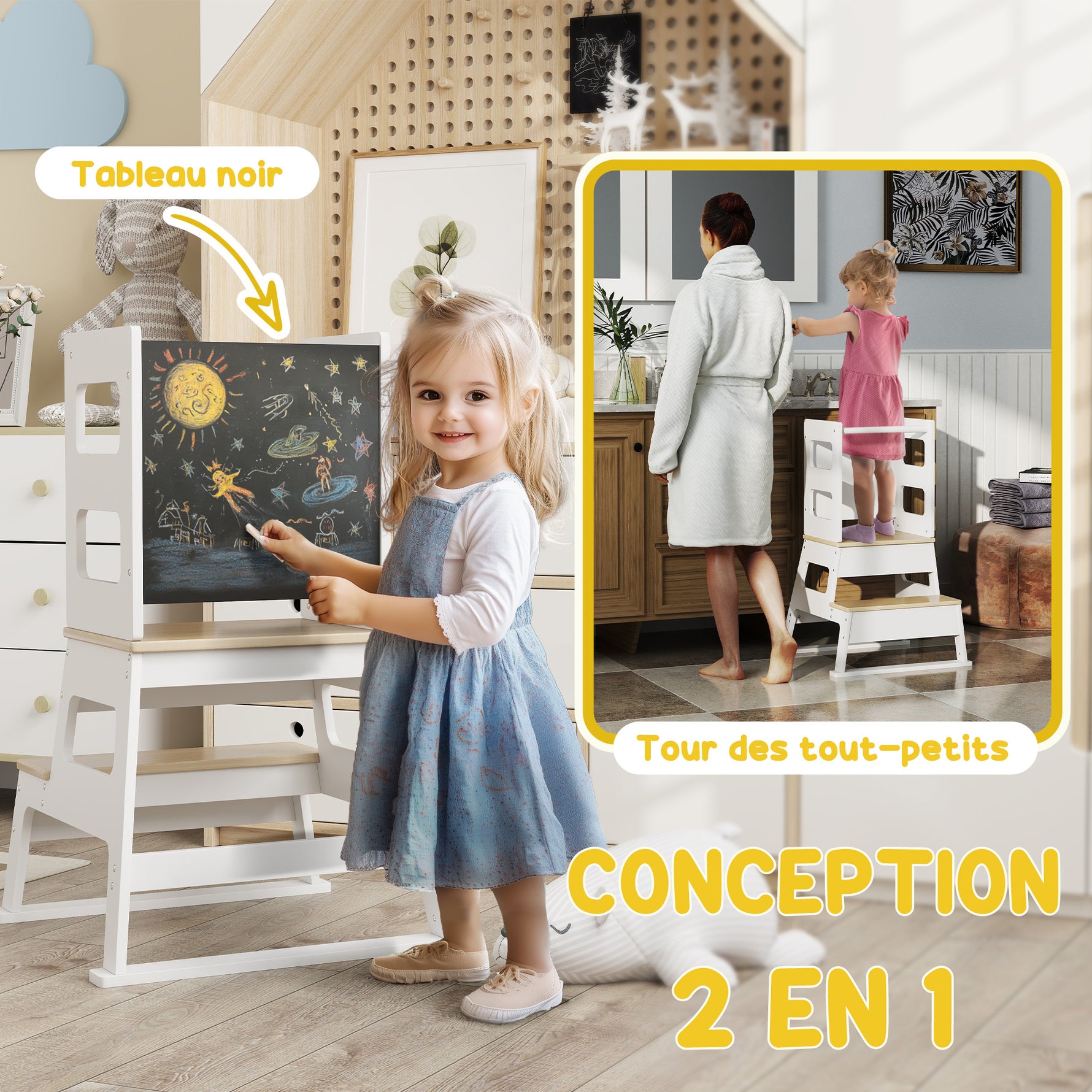 Tour d'observation enfant tour d'apprentissage structure trapézoïdale tableau noir 55 x 52,5 x 87,5 cm blanc