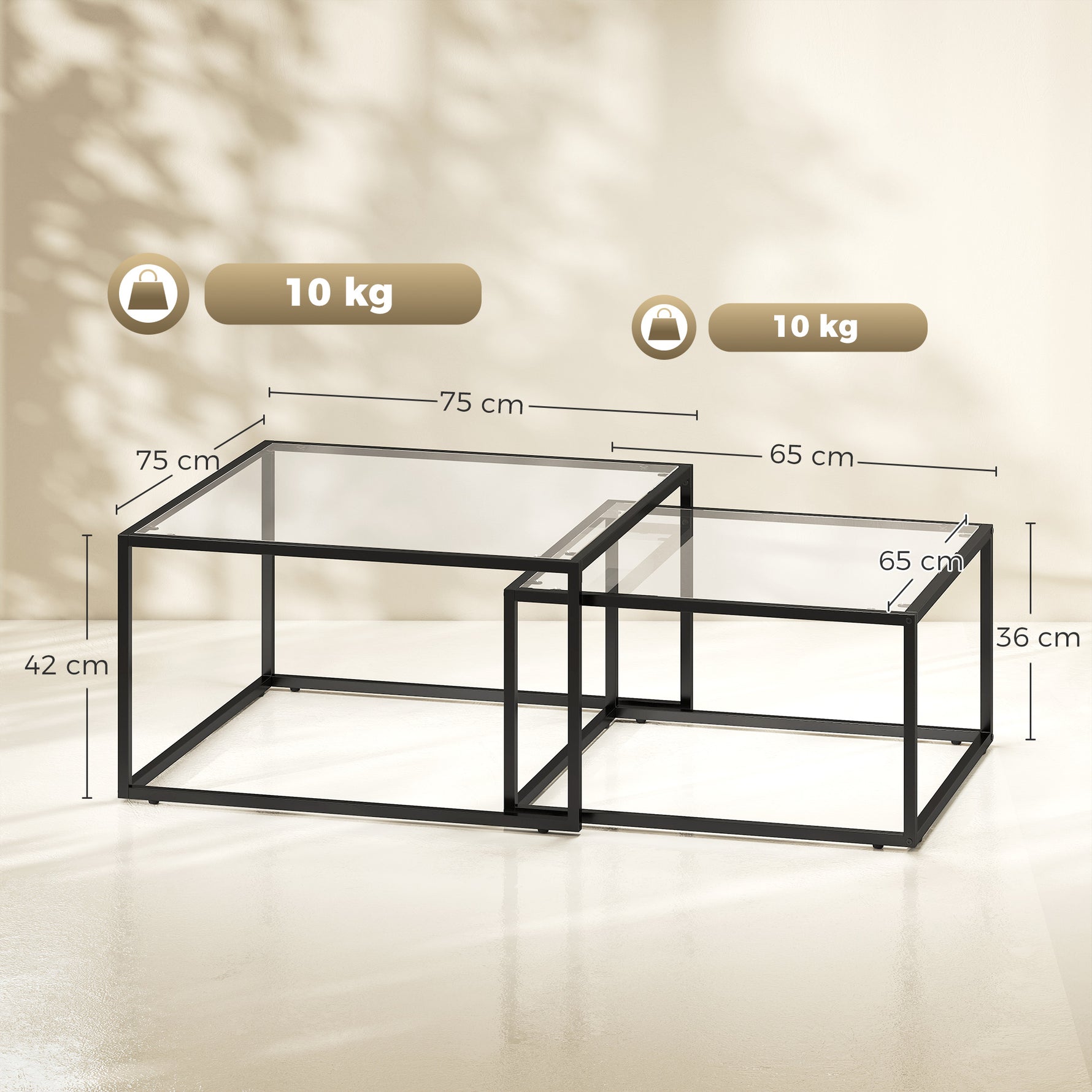Lot de 2 tables basses gigognes, table de salon avec plateau en verre trempé et structure en métal, noir