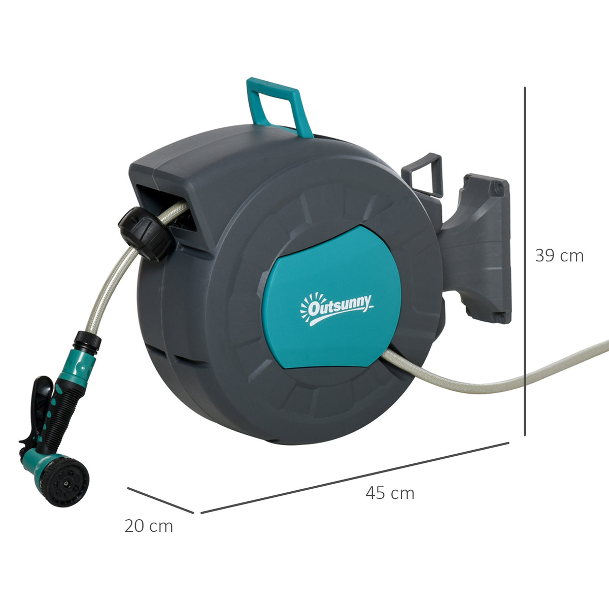 Enrouleur tuyau arrosage automatique pivotant 180° Tuyau 15 + 1,4 m avec Lance arrosage Support Mural intégré Turquoise Gris