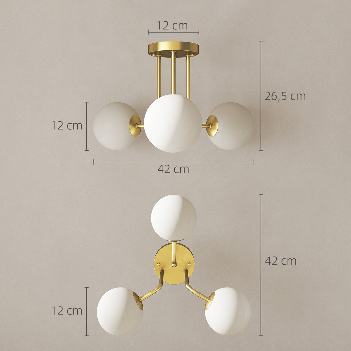 Plafonnier LED 25W, luminaire plafonnier 3 lumières avec douilles G9, abat-jour globe, 42 x 42 x 26,5 cm, doré