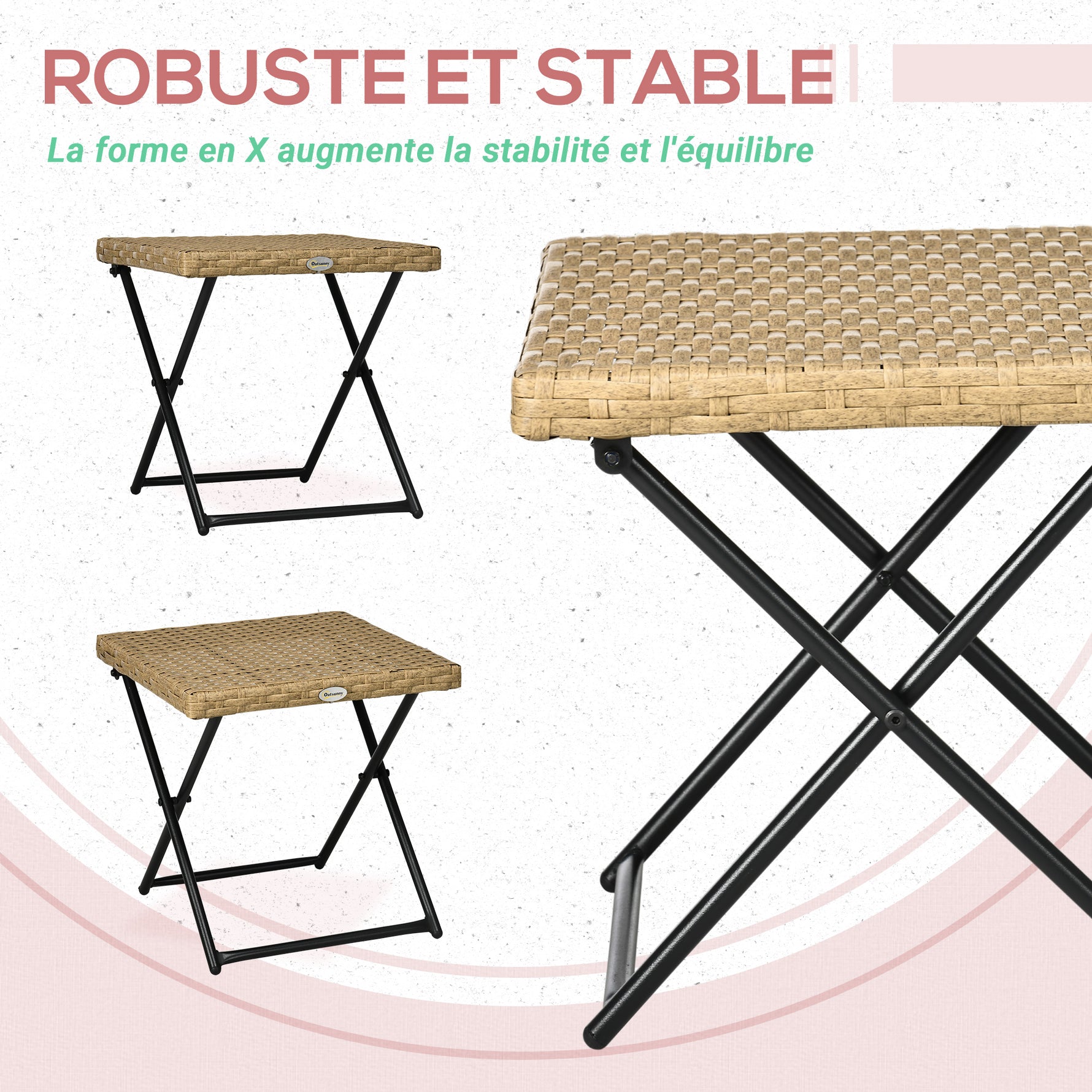 Table basse pliable de jardin style cosy chic dim. 40L x 40l x 40H cm métal époxy résine tressée bois naturel